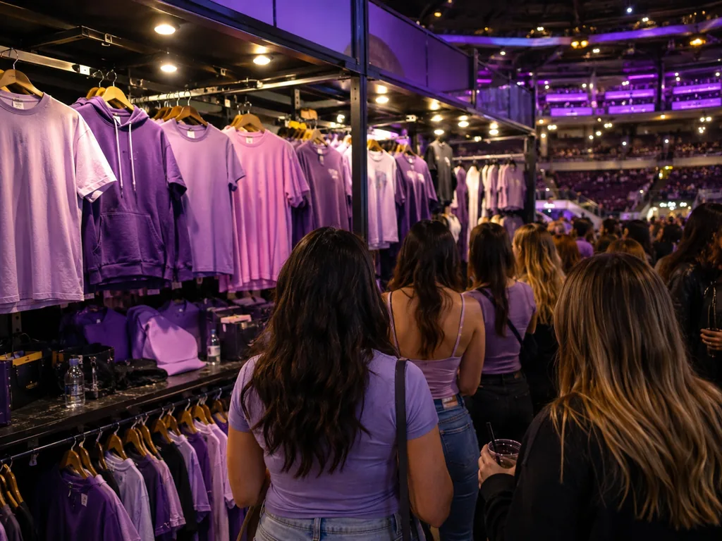 The tour merch stand on the arena concourse before doors
