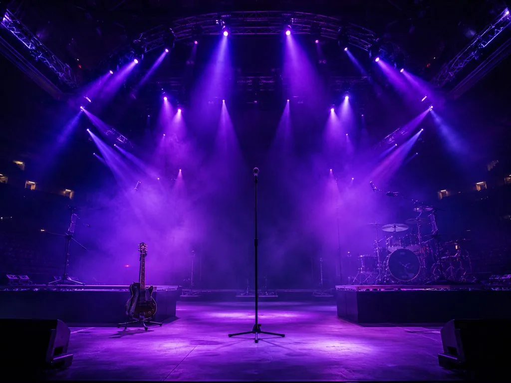 Violet-lit concert stage set before doors